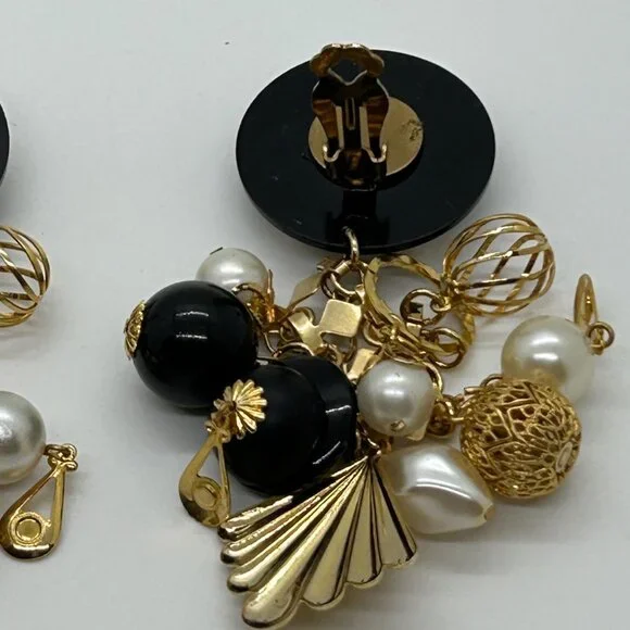 Vintage Gold Black Dangle Earrings Faux Pearl Geometric Retro Runway Chandelier - Picture 10 of 16